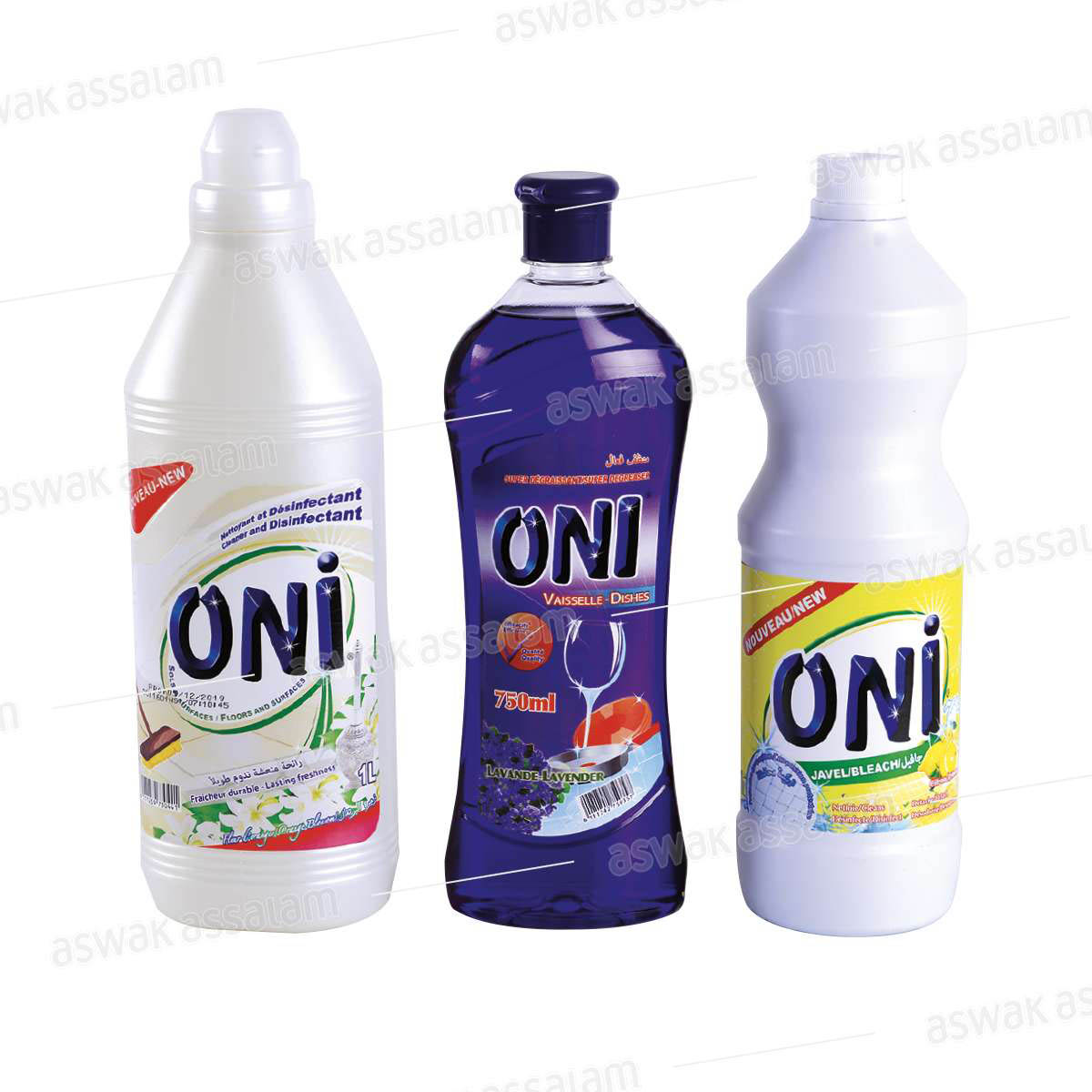 LOT NETTOYANT SOL 1L + EAU DE JAVEL 1L + LIQUIDE VAISSELLE 750ML ONI