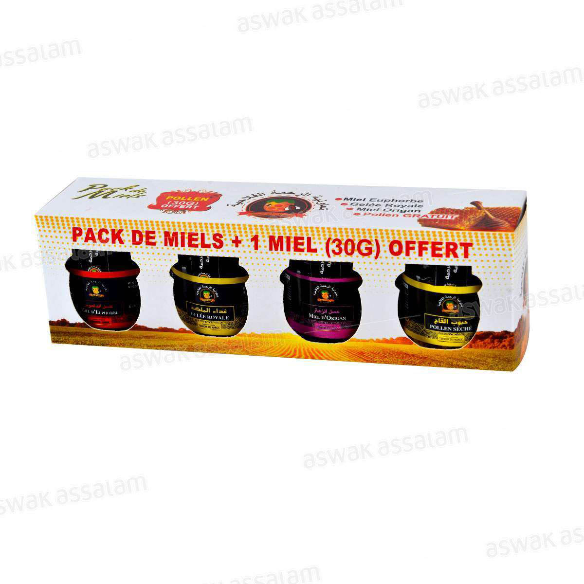PACK MIEL EUPHORBE 100G + GELEE ROYALE AU MIEL 90G + MIEL ORIGAN 100G AL RAHMA (POLLEN 30G GRATUIT)
