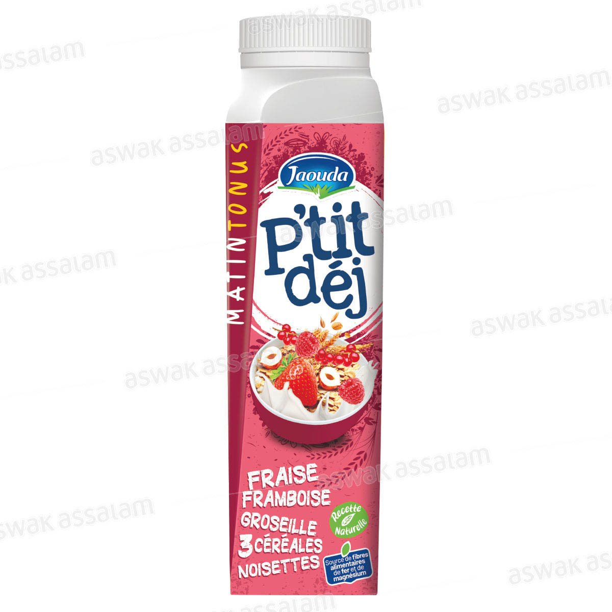 YAOURT A BOIRE FRAISE, FRAMBOISE, GROSEILLE, 3 CEREALES & NOISETTES 320G P’TIT DEJ JAOUDA