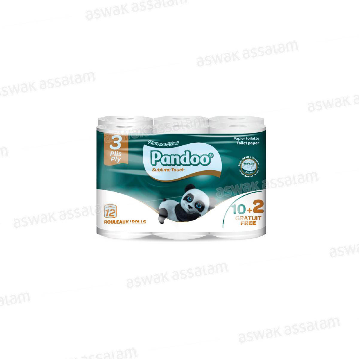 PAPIER HYGIENIQUE 3 PLIS 12 ROULEAUX PANDOO (10 ACHETES = 2 GRATUITS)